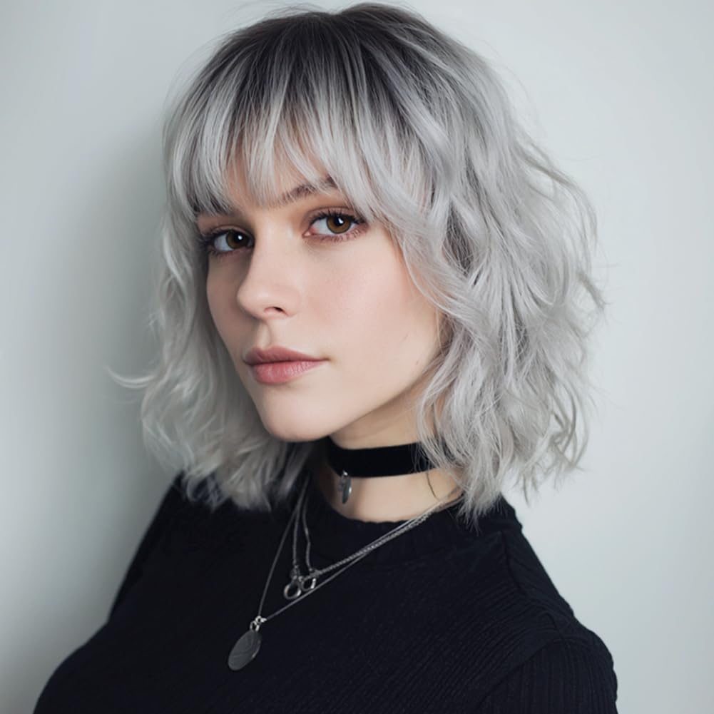 Short Auburn Wigs for Women Dark Ginger Wig with Bangs Wigs Natural Looking Curly Hair Medium Length Synthetic Bob Wig Wavy Colorful Wigs（14 Inches）