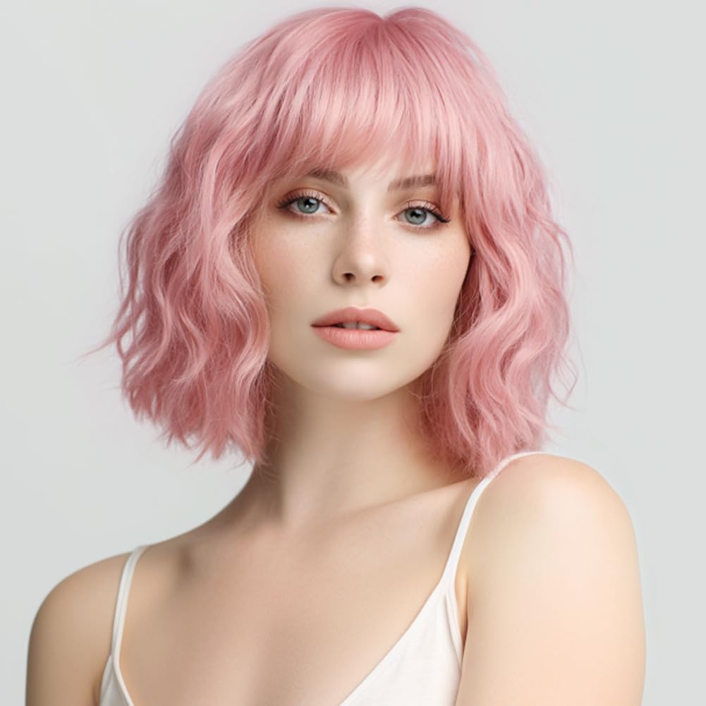 Short Auburn Wigs for Women Dark Ginger Wig with Bangs Wigs Natural Looking Curly Hair Medium Length Synthetic Bob Wig Wavy Colorful Wigs（14 Inches）