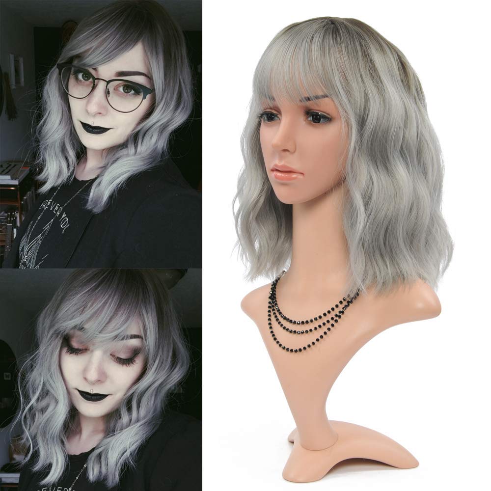 FAELBATY Blonde Wave Short Bob Wigs With Air Bangs Shoulder Length Wig For Women and Girls Curly Wavy Synthetic Cosplay Costume Wig (12" Mix blonde and gold)