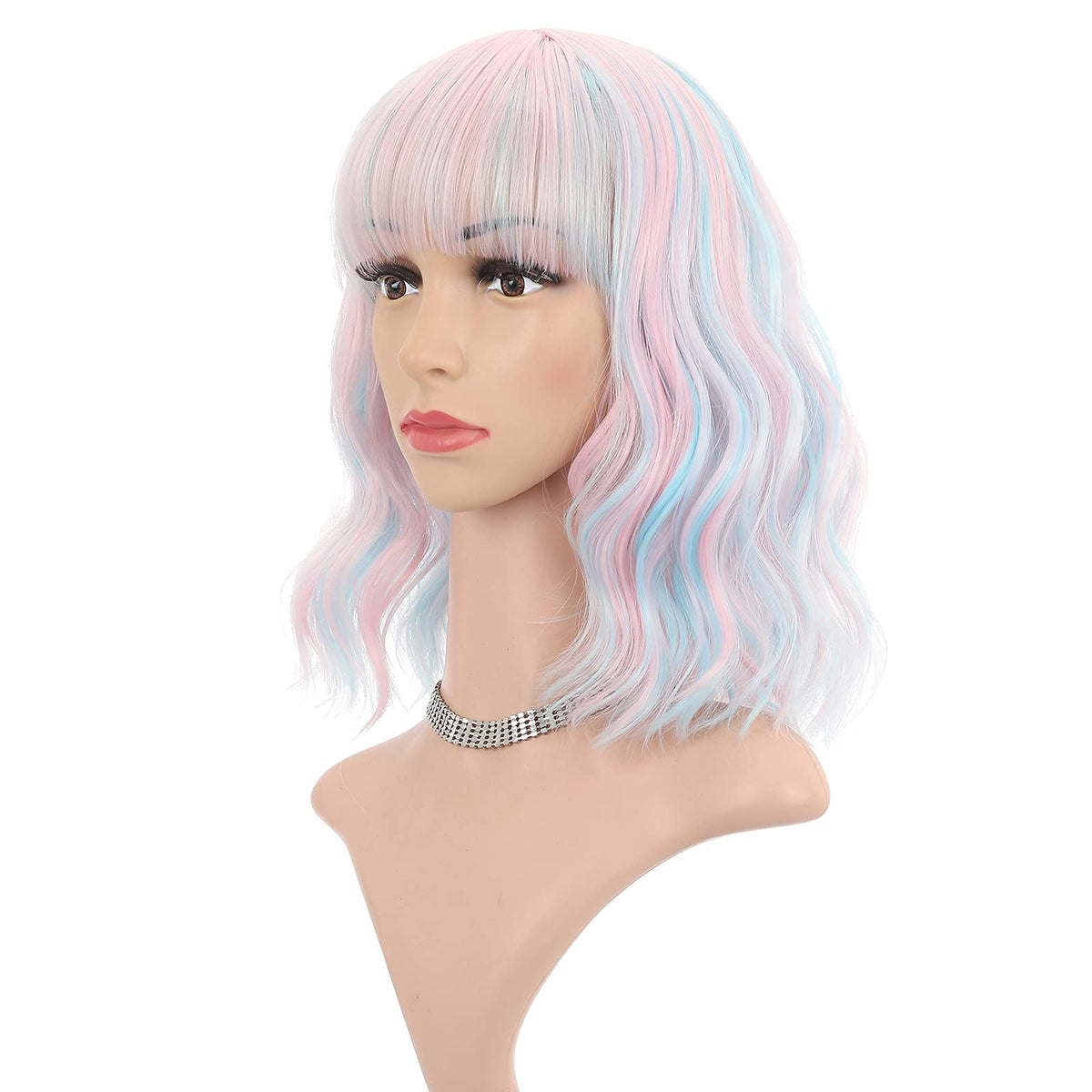 FAELBATY Blonde Wave Short Bob Wigs With Air Bangs Shoulder Length Wig For Women and Girls Curly Wavy Synthetic Cosplay Costume Wig (12" Mix blonde and gold)
