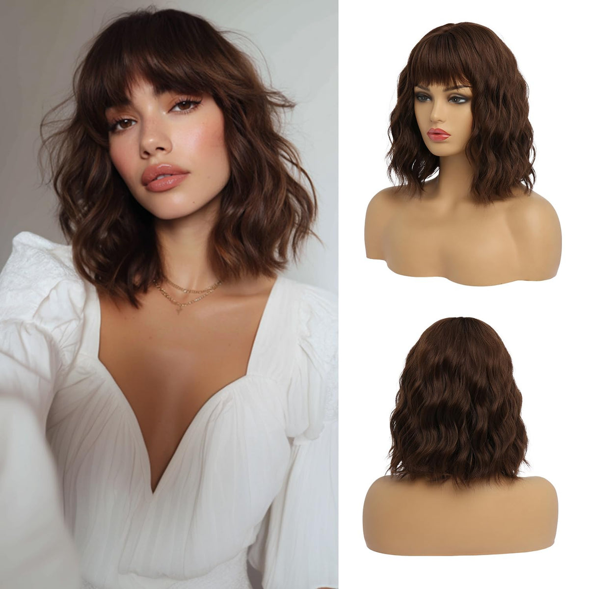 Short Auburn Wigs for Women Dark Ginger Wig with Bangs Wigs Natural Looking Curly Hair Medium Length Synthetic Bob Wig Wavy Colorful Wigs（14 Inches）