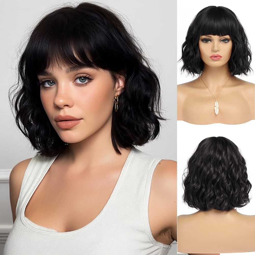 Short Auburn Wigs for Women Dark Ginger Wig with Bangs Wigs Natural Looking Curly Hair Medium Length Synthetic Bob Wig Wavy Colorful Wigs（14 Inches）