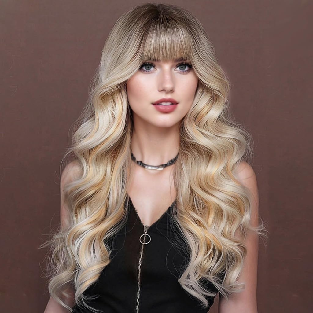Lativ Ombre Blonde Brown Wig with Bangs Long Wavy Curly Wig with Brown End