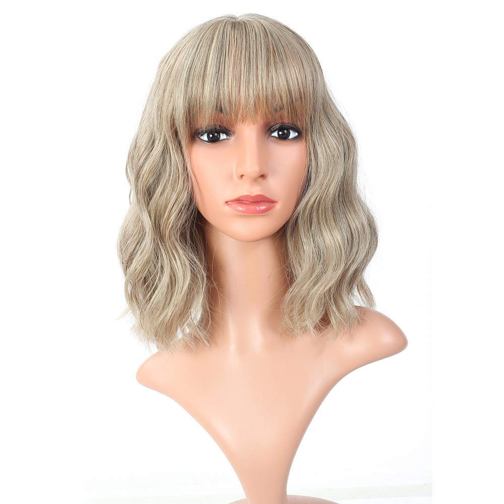 FAELBATY Blonde Wave Short Bob Wigs With Air Bangs Shoulder Length Wig For Women and Girls Curly Wavy Synthetic Cosplay Costume Wig (12" Mix blonde and gold)