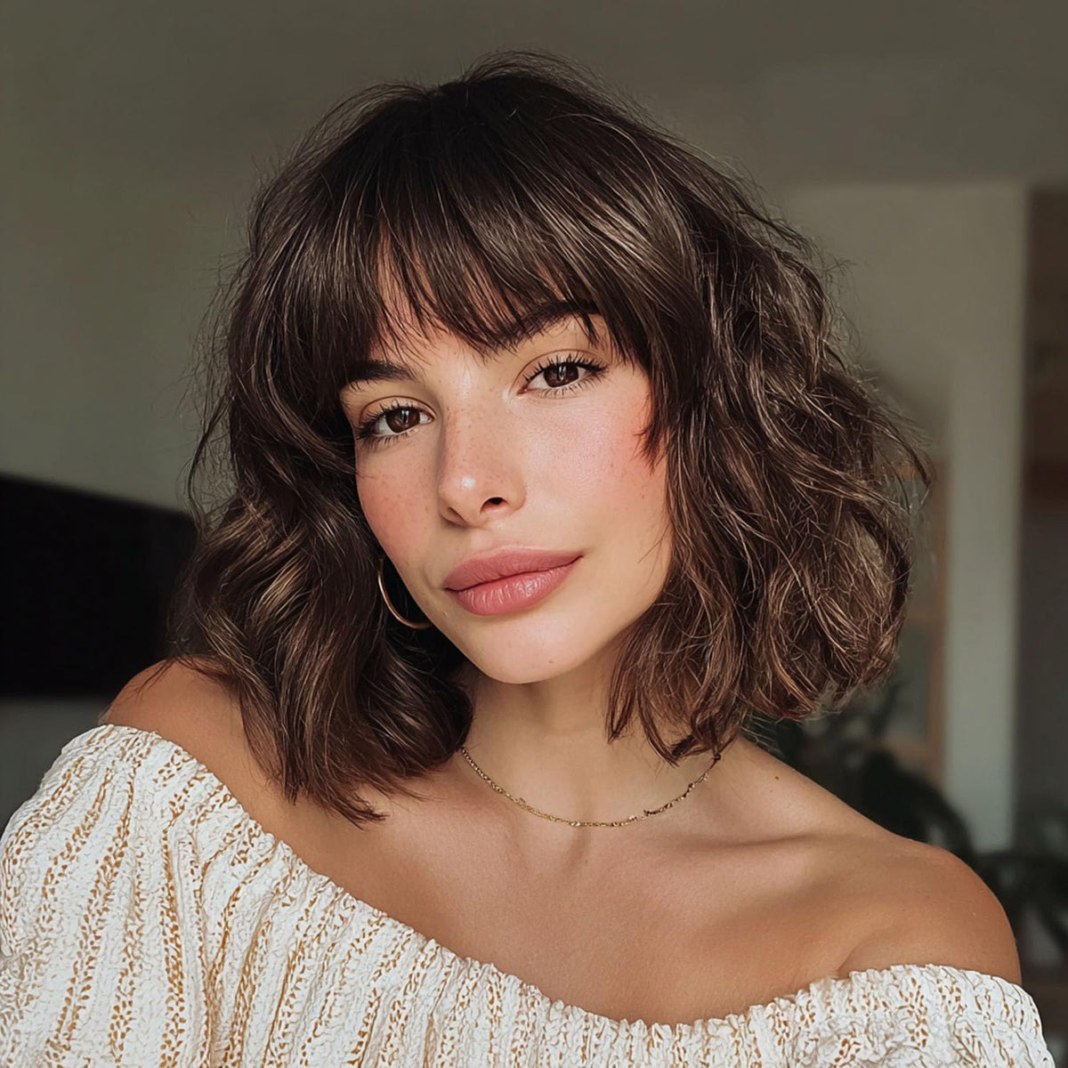 Short Auburn Wigs for Women Dark Ginger Wig with Bangs Wigs Natural Looking Curly Hair Medium Length Synthetic Bob Wig Wavy Colorful Wigs（14 Inches）