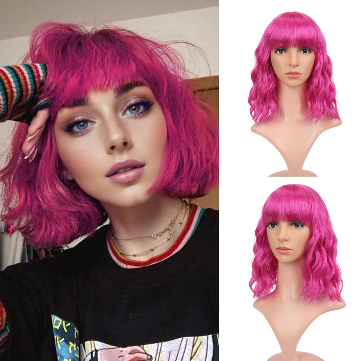 FAELBATY Blonde Wave Short Bob Wigs With Air Bangs Shoulder Length Wig For Women and Girls Curly Wavy Synthetic Cosplay Costume Wig (12" Mix blonde and gold)