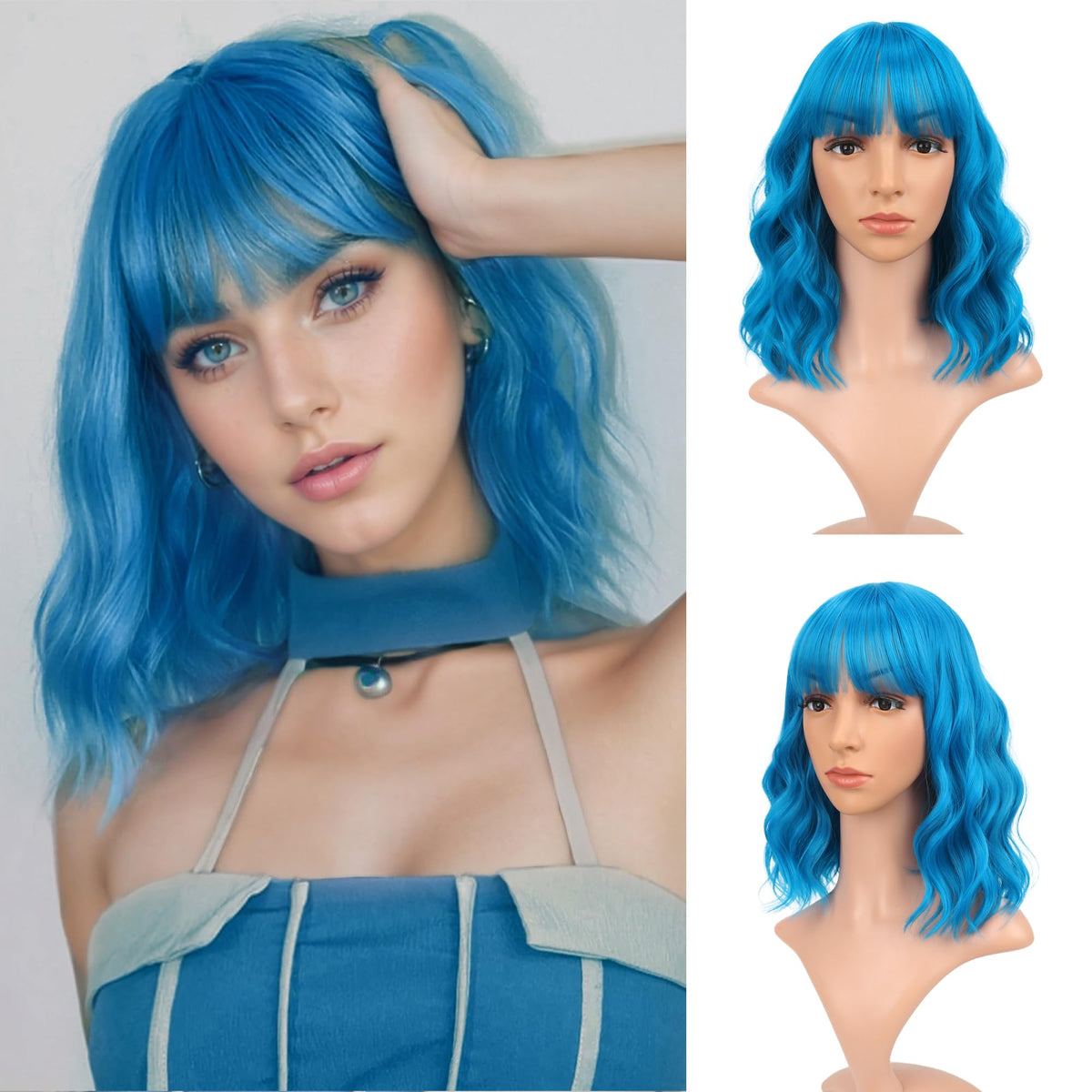 FAELBATY Blonde Wave Short Bob Wigs With Air Bangs Shoulder Length Wig For Women and Girls Curly Wavy Synthetic Cosplay Costume Wig (12" Mix blonde and gold)
