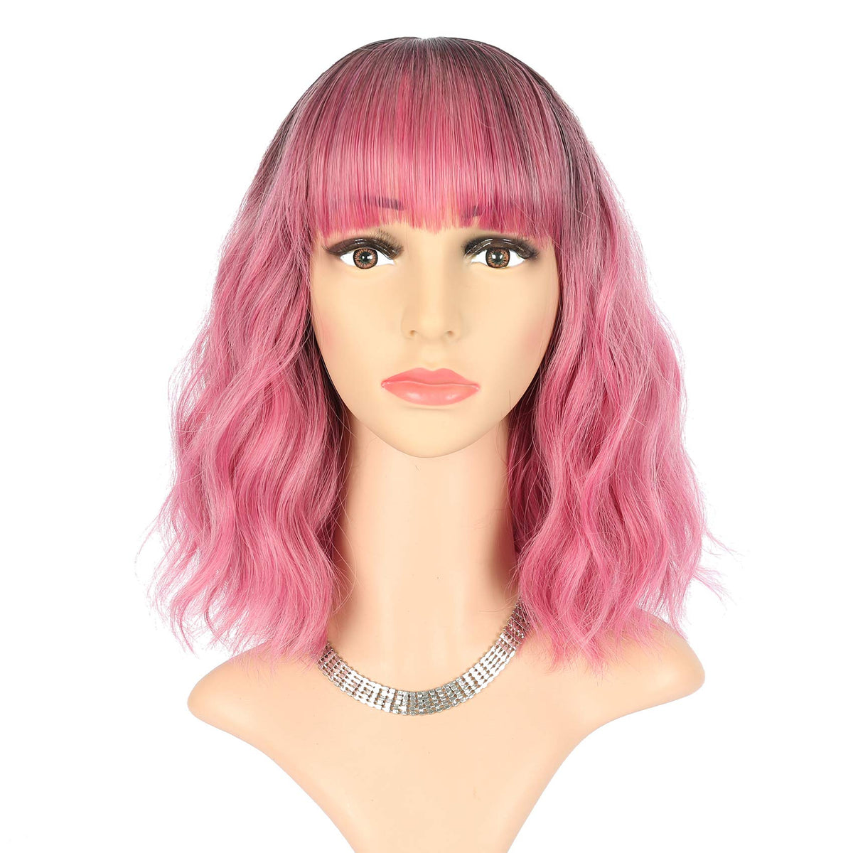 FAELBATY Blonde Wave Short Bob Wigs With Air Bangs Shoulder Length Wig For Women and Girls Curly Wavy Synthetic Cosplay Costume Wig (12" Mix blonde and gold)