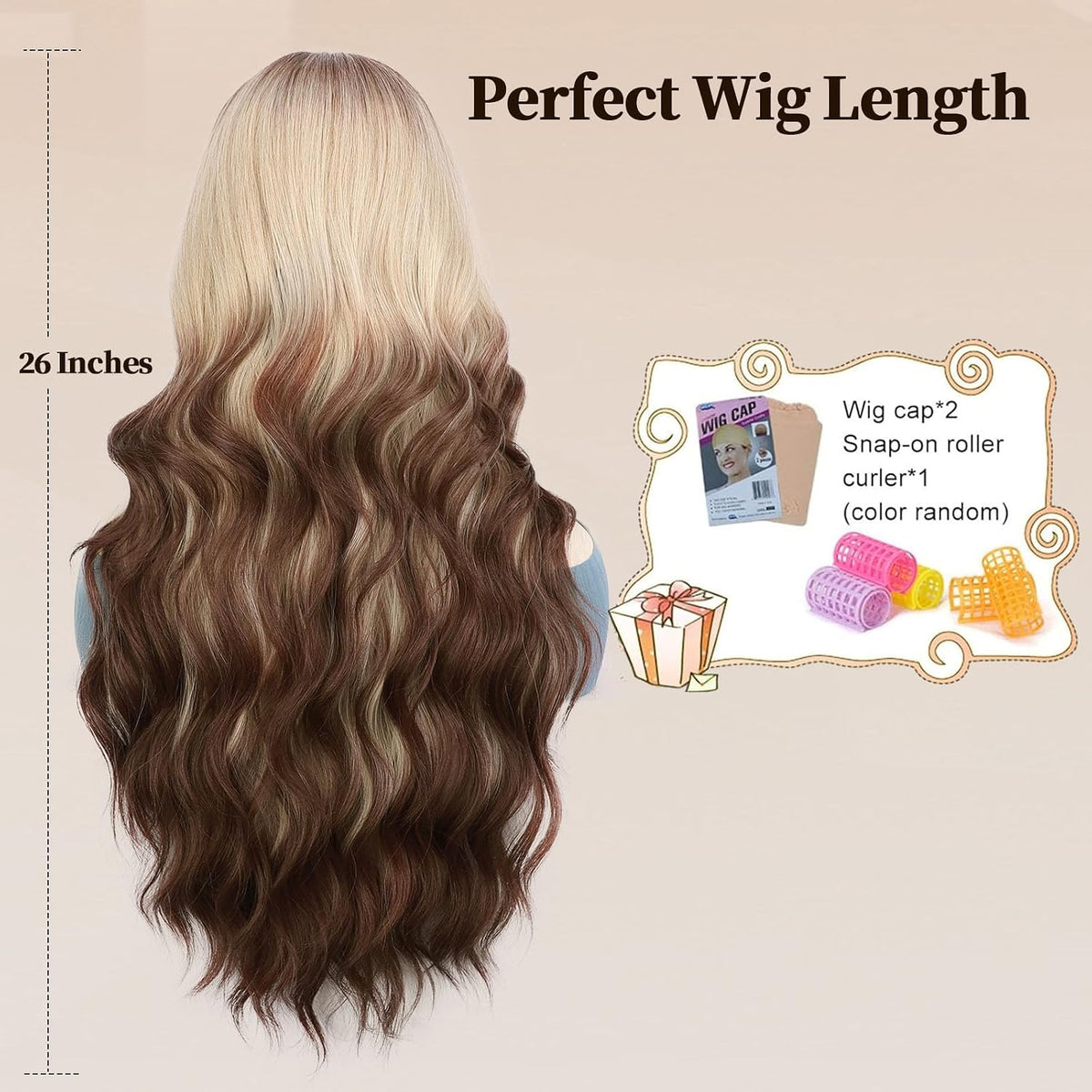 Lativ Ombre Blonde Brown Wig with Bangs Long Wavy Curly Wig with Brown End