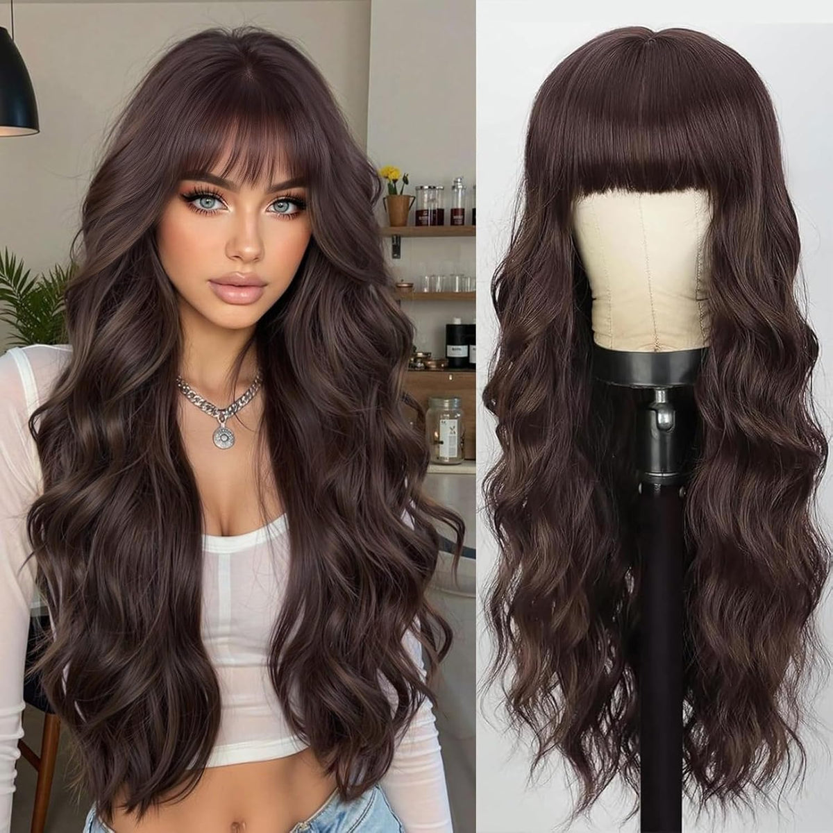 Lativ Ombre Blonde Brown Wig with Bangs Long Wavy Curly Wig with Brown End