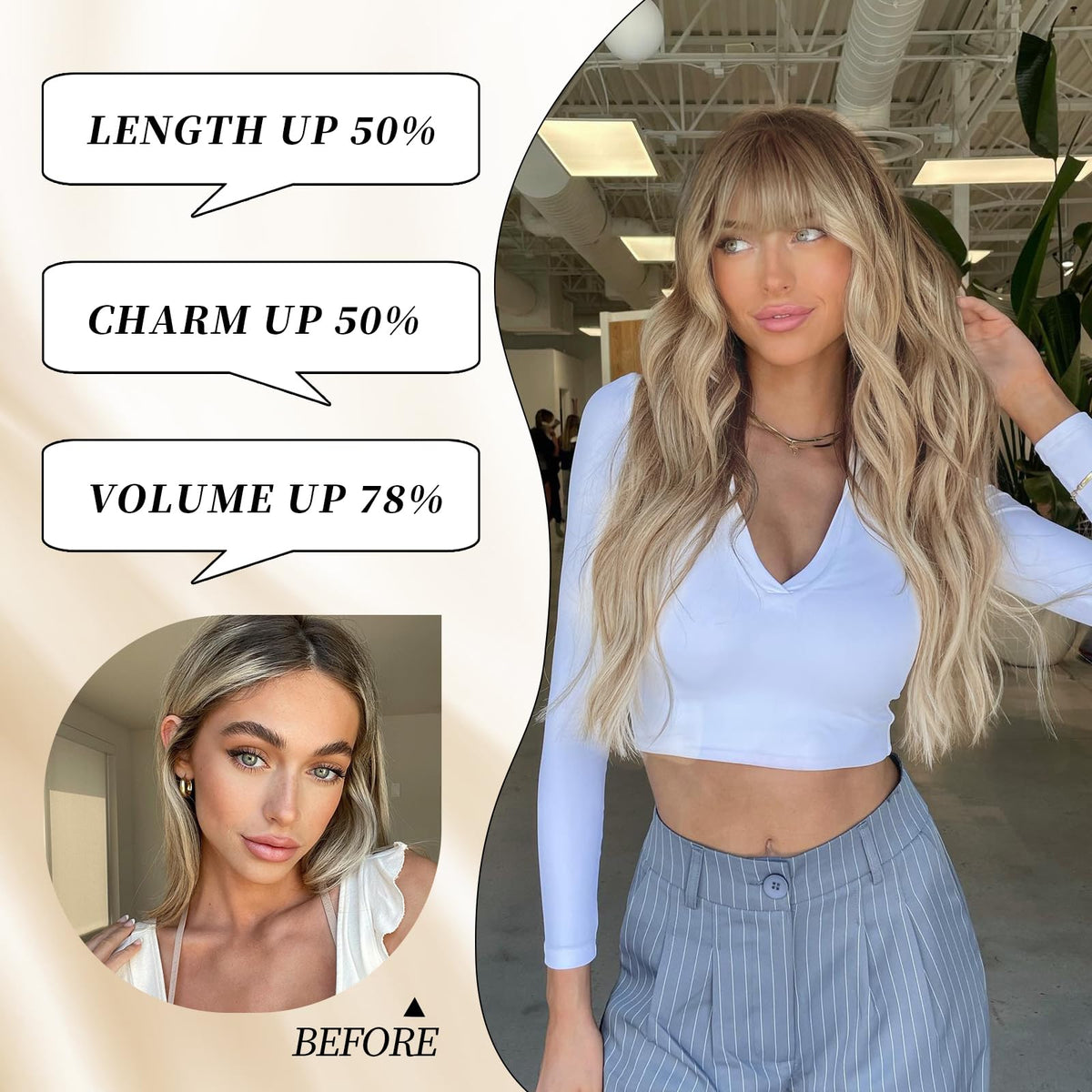 Lativ Ombre Blonde Brown Wig with Bangs Long Wavy Curly Wig with Brown End
