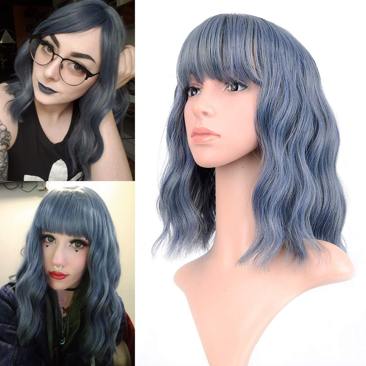 FAELBATY Blonde Wave Short Bob Wigs With Air Bangs Shoulder Length Wig For Women and Girls Curly Wavy Synthetic Cosplay Costume Wig (12" Mix blonde and gold)