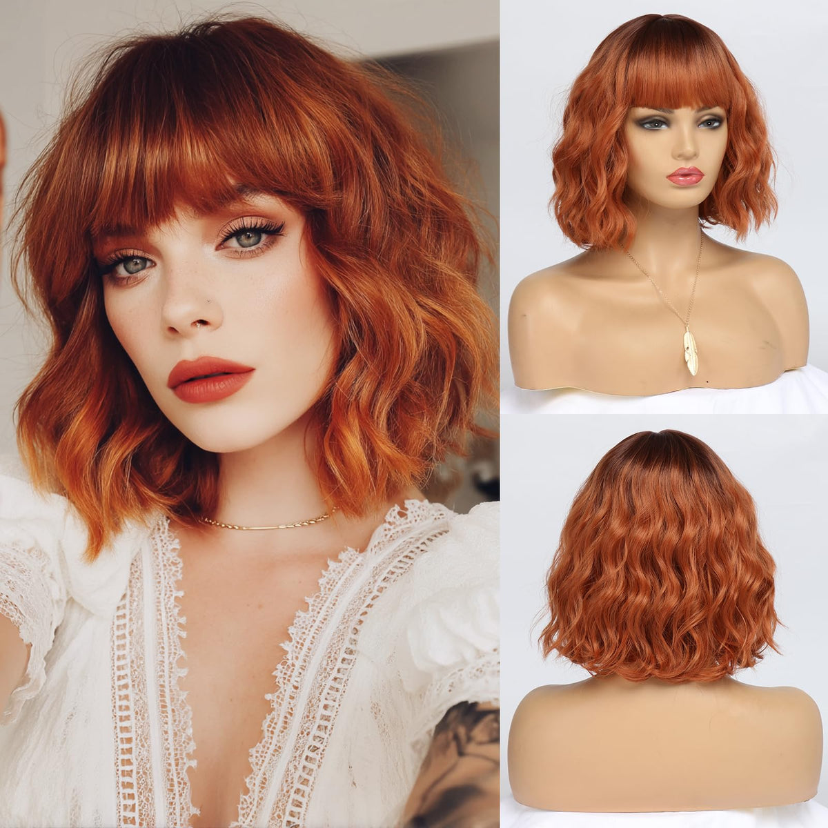 Short Auburn Wigs for Women Dark Ginger Wig with Bangs Wigs Natural Looking Curly Hair Medium Length Synthetic Bob Wig Wavy Colorful Wigs（14 Inches）
