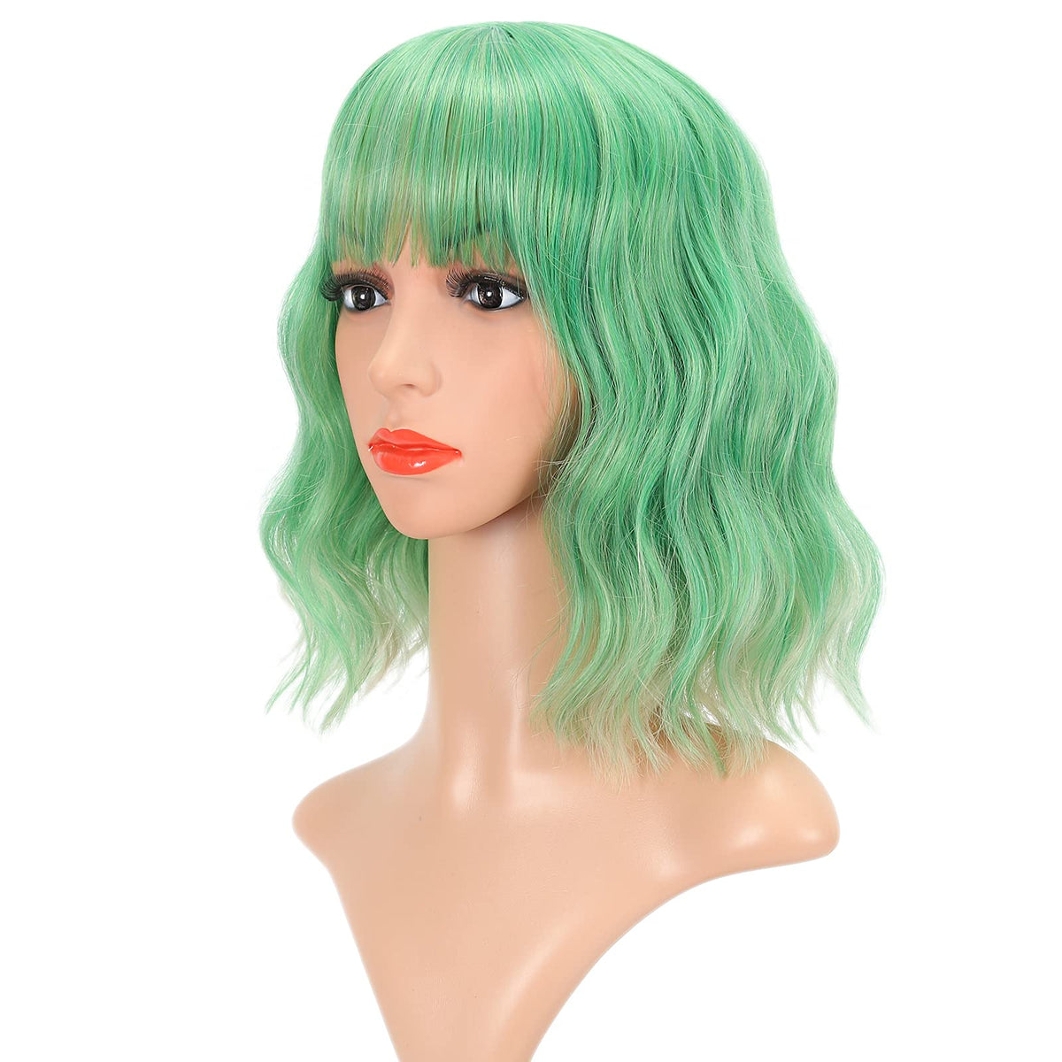 FAELBATY Blonde Wave Short Bob Wigs With Air Bangs Shoulder Length Wig For Women and Girls Curly Wavy Synthetic Cosplay Costume Wig (12" Mix blonde and gold)