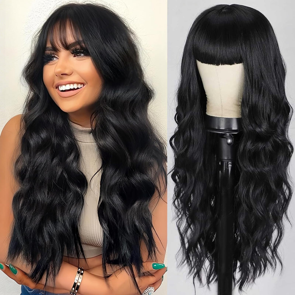 Lativ Ombre Blonde Brown Wig with Bangs Long Wavy Curly Wig with Brown End