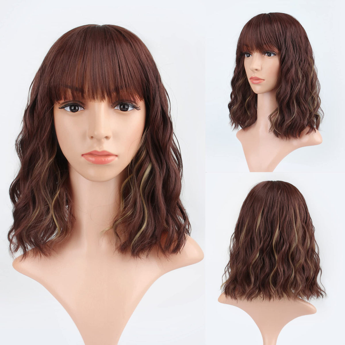 FAELBATY Blonde Wave Short Bob Wigs With Air Bangs Shoulder Length Wig For Women and Girls Curly Wavy Synthetic Cosplay Costume Wig (12" Mix blonde and gold)