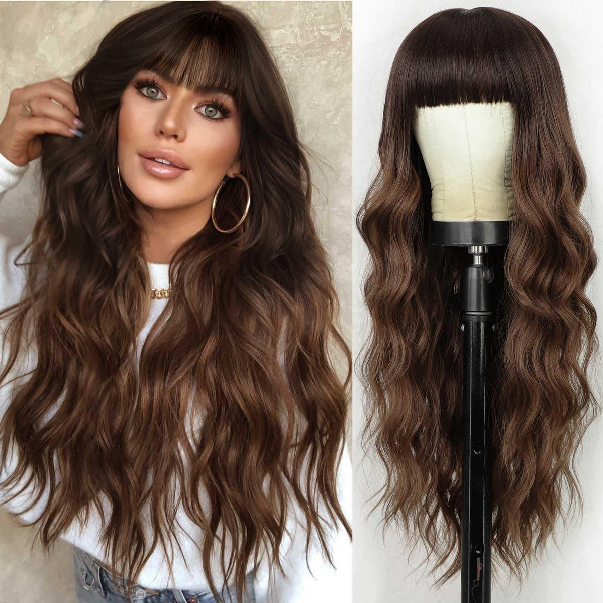 Lativ Ombre Blonde Brown Wig with Bangs Long Wavy Curly Wig with Brown End