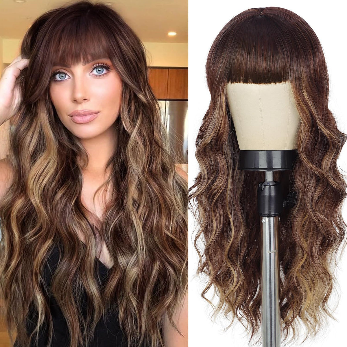 Lativ Ombre Blonde Brown Wig with Bangs Long Wavy Curly Wig with Brown End
