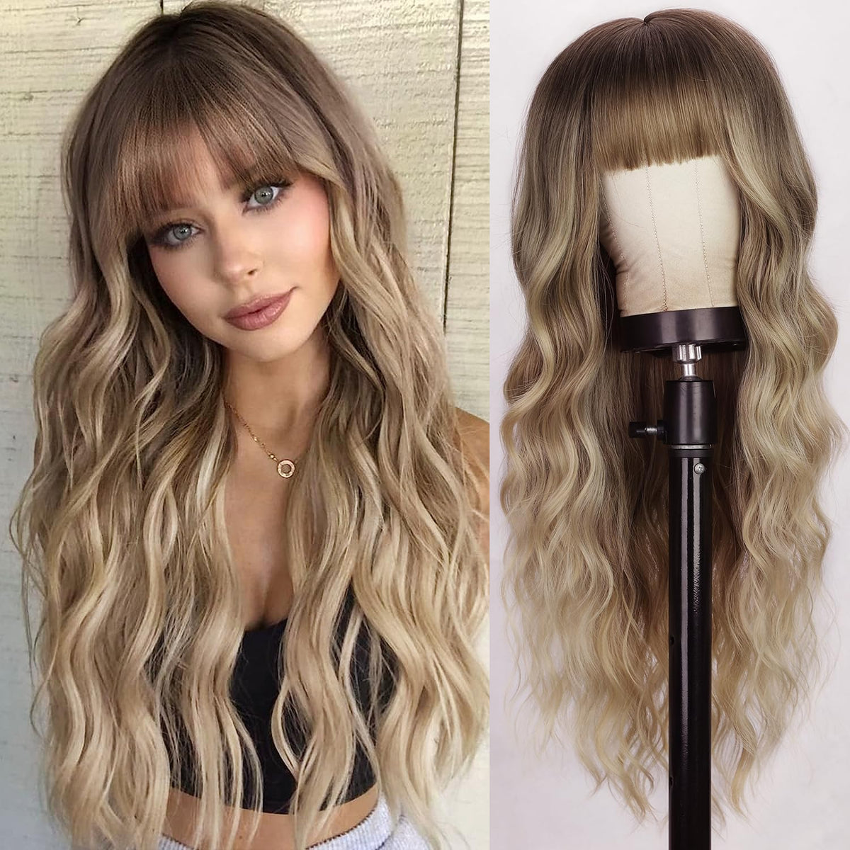 Lativ Ombre Blonde Brown Wig with Bangs Long Wavy Curly Wig with Brown End