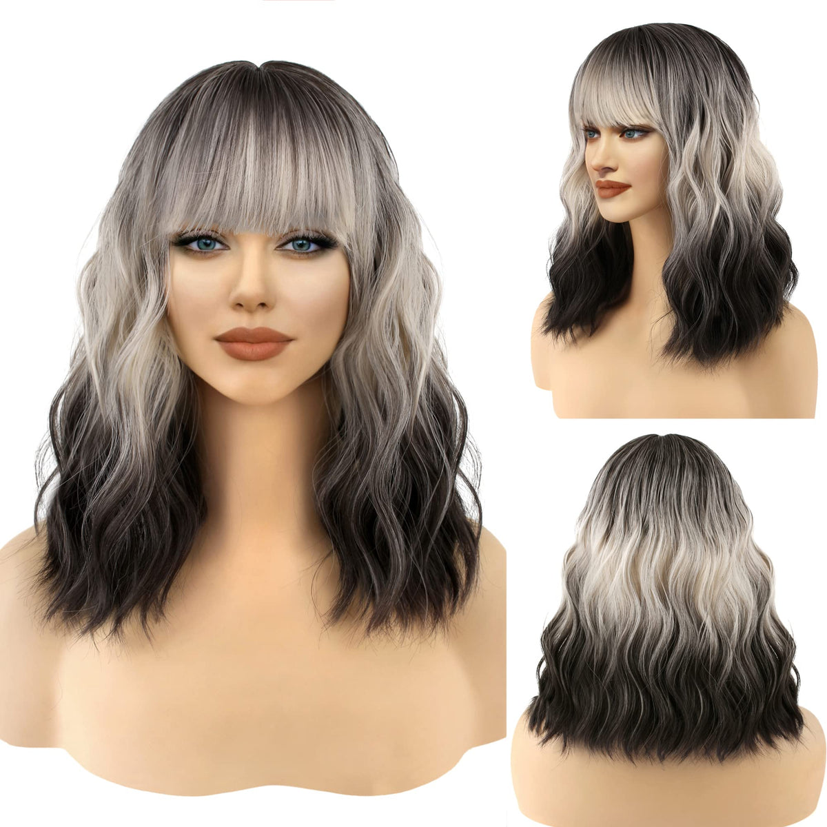 FAELBATY Blonde Wave Short Bob Wigs With Air Bangs Shoulder Length Wig For Women and Girls Curly Wavy Synthetic Cosplay Costume Wig (12" Mix blonde and gold)