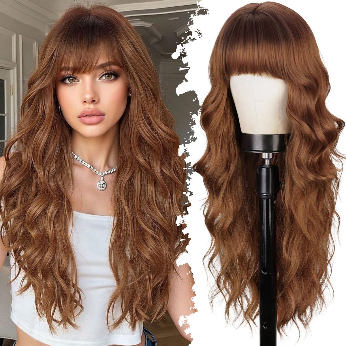 Lativ Ombre Blonde Brown Wig with Bangs Long Wavy Curly Wig with Brown End
