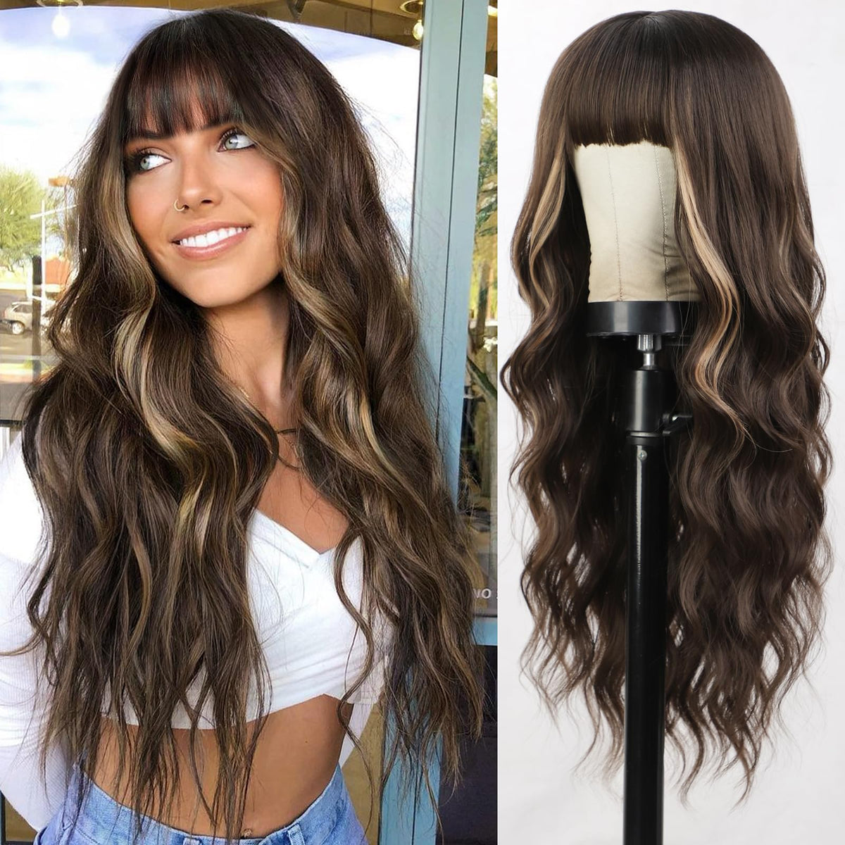 Lativ Ombre Blonde Brown Wig with Bangs Long Wavy Curly Wig with Brown End