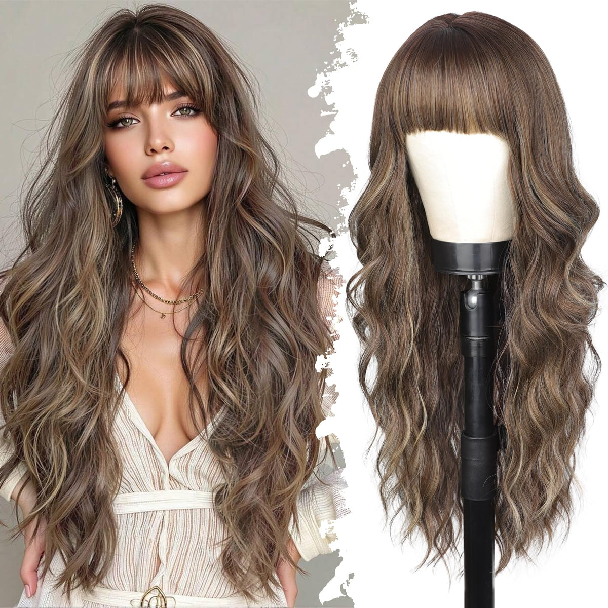 Lativ Ombre Blonde Brown Wig with Bangs Long Wavy Curly Wig with Brown End