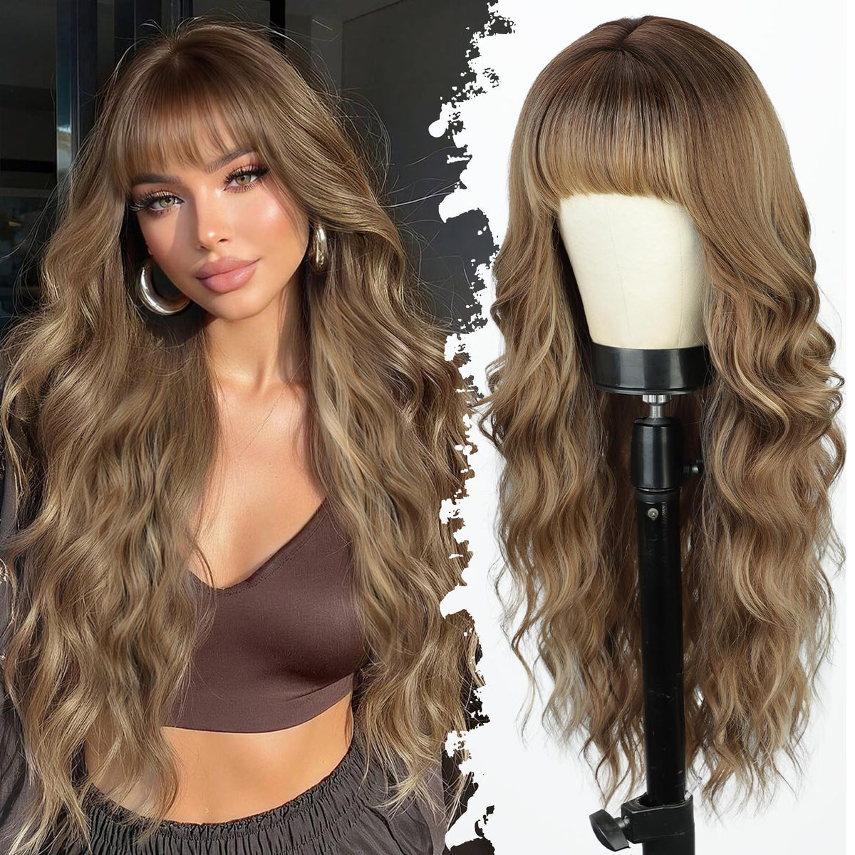 Lativ Ombre Blonde Brown Wig with Bangs Long Wavy Curly Wig with Brown End