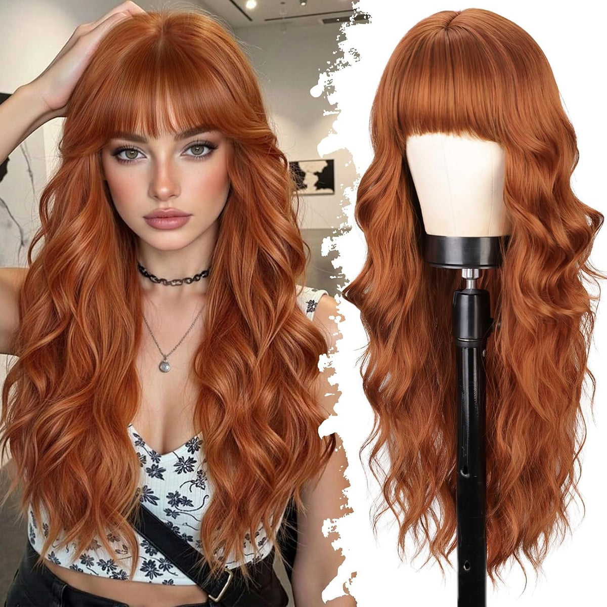 Lativ Ombre Blonde Brown Wig with Bangs Long Wavy Curly Wig with Brown End