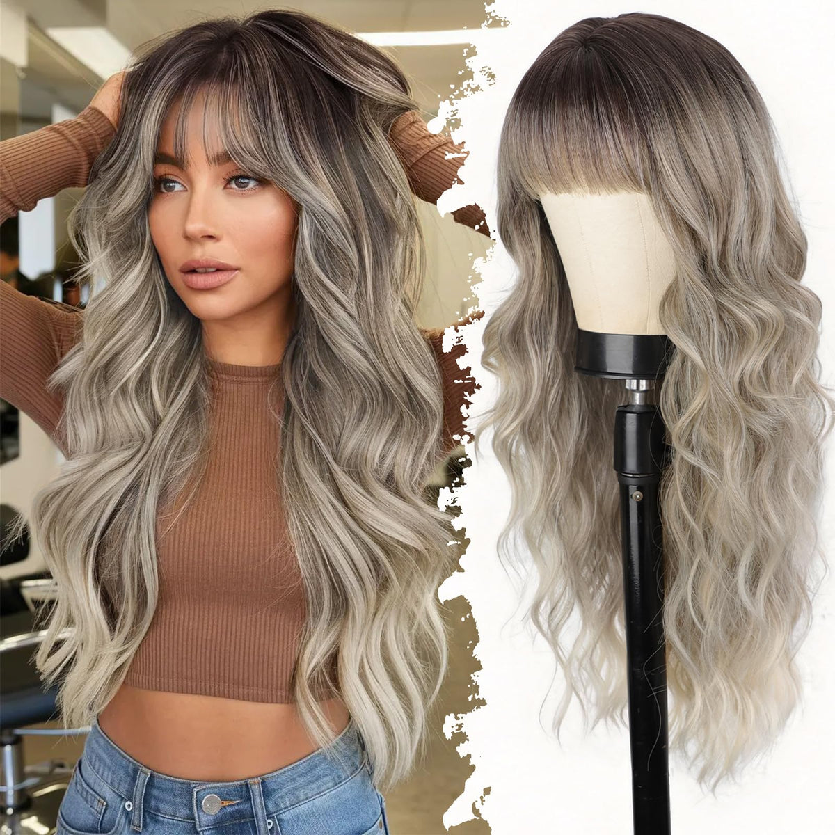Lativ Ombre Blonde Brown Wig with Bangs Long Wavy Curly Wig with Brown End