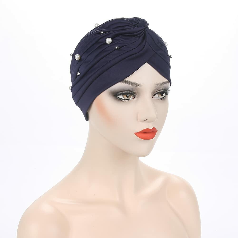 Fxhixiy Turban Hat Women Beaded Pre Tied Knot Chemo Headwrap Navy
