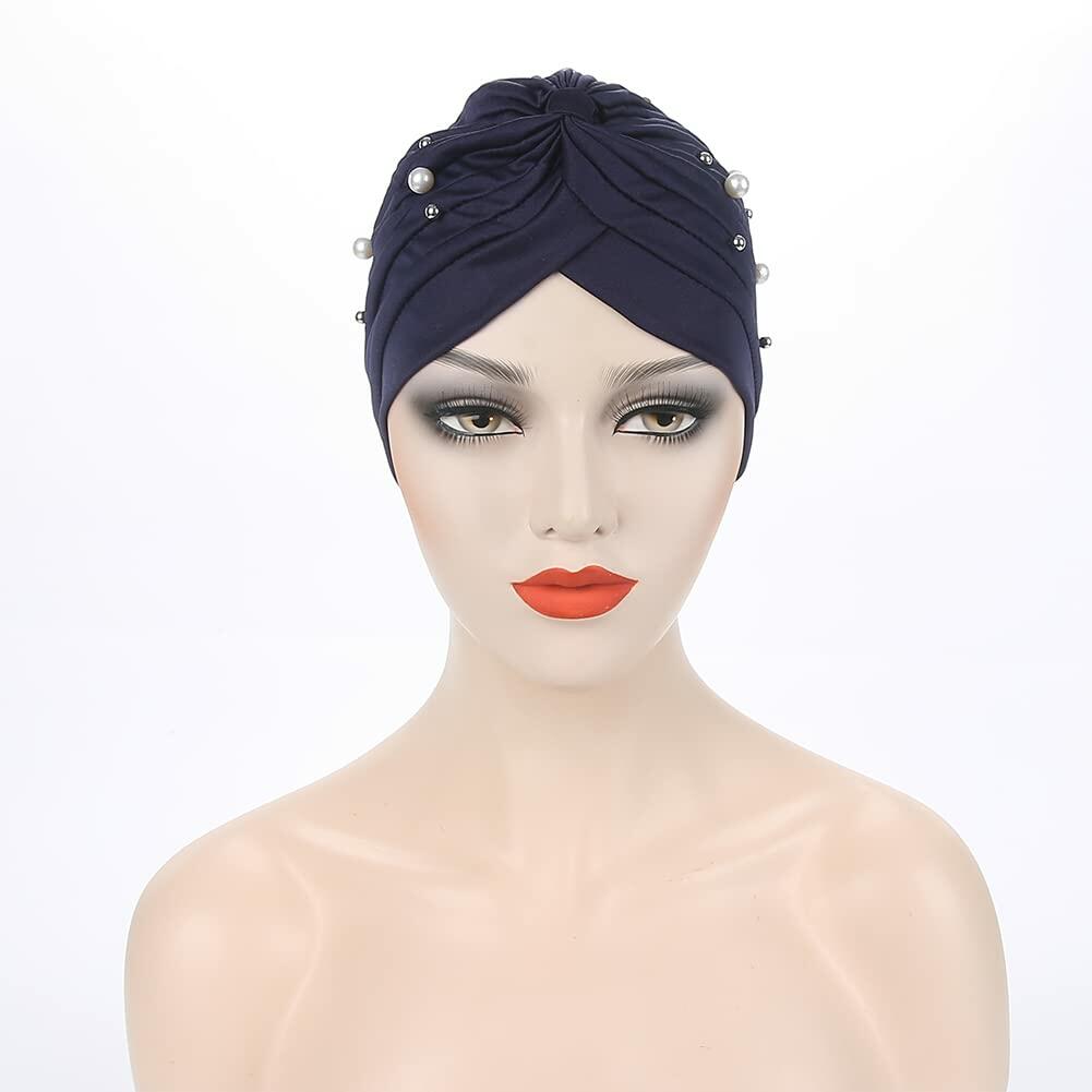 Fxhixiy Turban Hat Women Beaded Pre Tied Knot Chemo Headwrap Navy