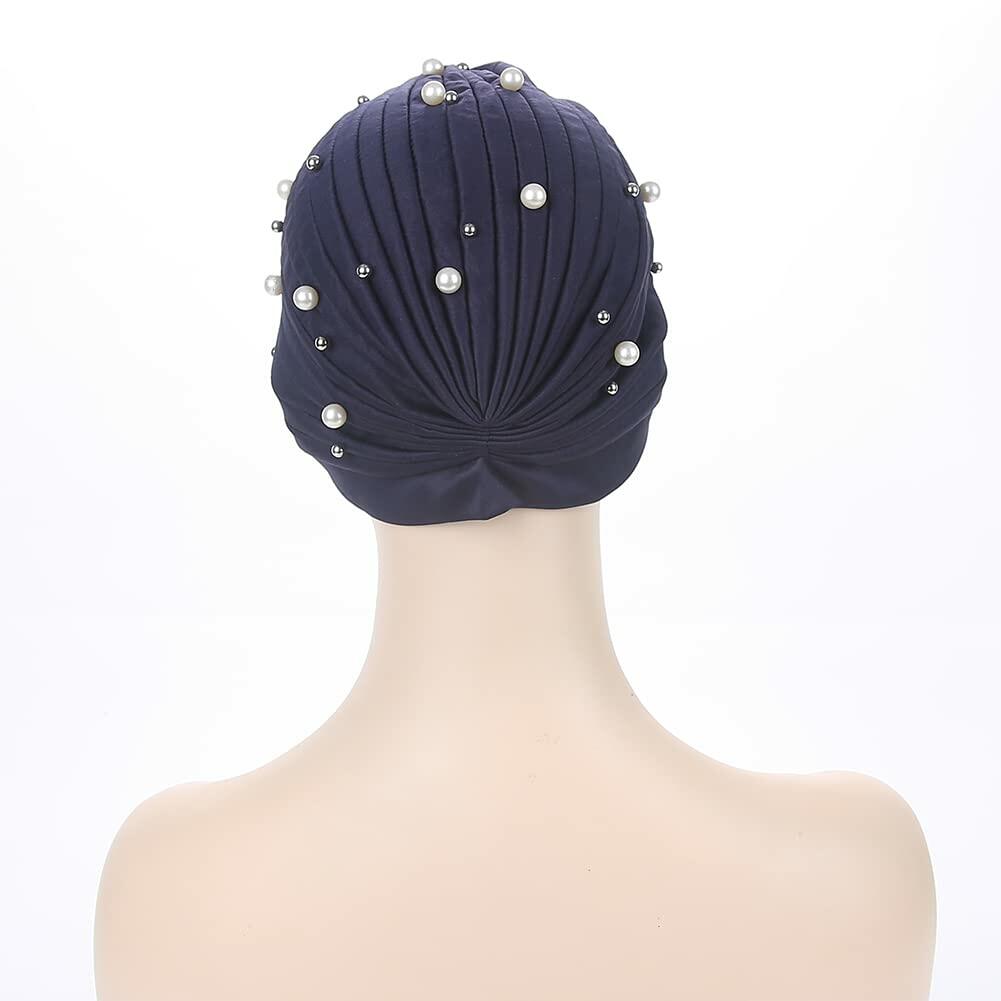 Fxhixiy Turban Hat Women Beaded Pre Tied Knot Chemo Headwrap Navy